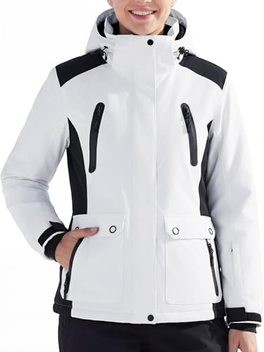 FREE SOLDIER Women's Waterproof Ski Snow Jacket Warm Fleece Lined Winter Rain Jacket with Hood Fully Taped Seams (White Black,Large)