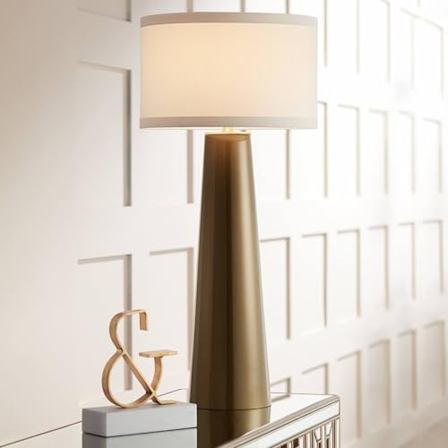 Possini Euro Design Karen Modern Table Lamp 36 Tall with USB Dimmer Dark Gold Glass Column Off White Fabric Drum Shade for Bedroom Living Room House Bedside Nightstand Home Office Entryway Family