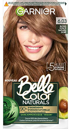 Garnier - Tinte permanente para el cabello sin amoníaco - 90% ingredientes naturales - Fórmula vegana - Beautiful Colour Naturals - Color: rubio dorado natural oscuro (6.03)