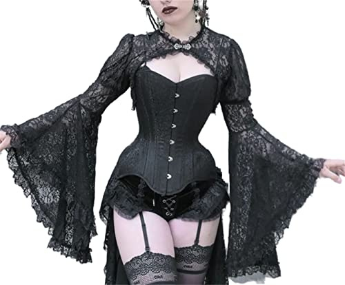 Donne Goth Top Punk Cover Ups Mesh Crop Top Vedere Attraverso Sexy Manica Lunga Camicetta Y2k Nero Rave Outfit Festival, Maniche a campana bolero in pizzo gotico da donna, M