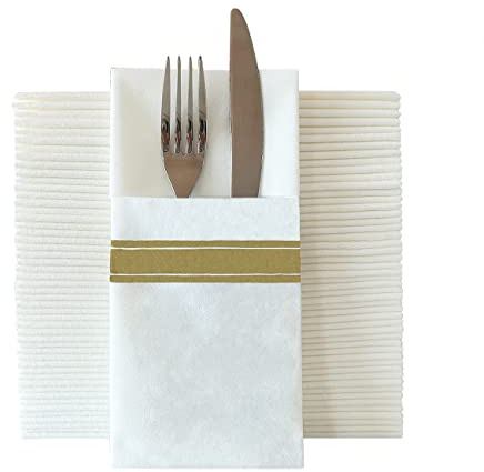 JINYUDOME Disposable Dinner Napkins, Linen-Feel Napkins with Buil-in Flaware Pocket, Gold Print, Pack of 50 (Gold)