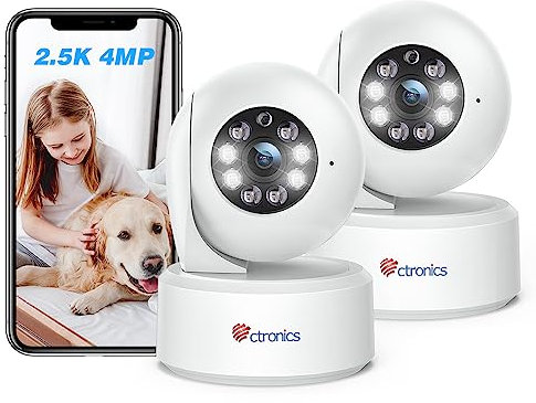 Ctronics 2.5K 4MP Telecamera Interno, 2.4/5GHz WiFi, 355°/120° PTZ Videocamera con Auto Tracking, 8 Posizioni Preimpostate, Visione Notturna a Colori, Accesso da PC e App, Audio Bidirezionale(2 Pezzi)