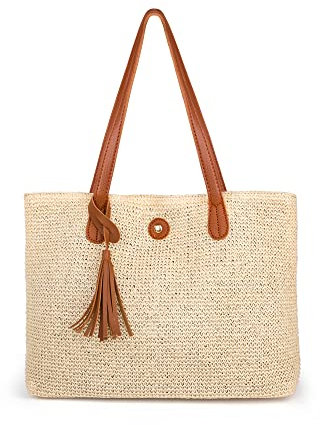 HOLEMZ Stroh Schultertasche Damen Groß Strand Gewebte Taschen Grosse Kapazität Beige Korbtasche Handgemachte mit Leder Schultergurt Schnalle für Strand Reise Einkauf Frauen Mädchen Geschenke