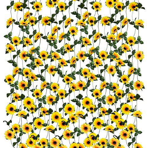 Uieke 10 Pack Artificial Sunflower Garland, 8.2ft/Pcs Silk Sunflowers with Green Leaves, Flowers Vines for Room Home Kitchen Garden Wedding Arch Bridal Baby Shower Party Outdoor Decor