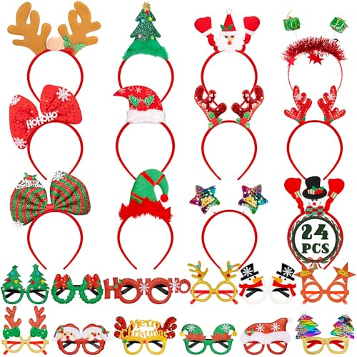24 Pieces Christmas Headbands and Glasses Frames Bundle Set, Christmas Party Favors, Cute Eyeglasses Headwear Set with Santa Hat, Snowman, Tree Designs, Christams Party Supplies, Decor, Photo Props