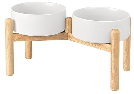 SPUNKYJUNKY Hundenapf Keramik Fressnapf Erhöhter Futternapf Wassernapf mit Bambus Ständer für mittelgroße und große Hunde (1800ml, Weiß)