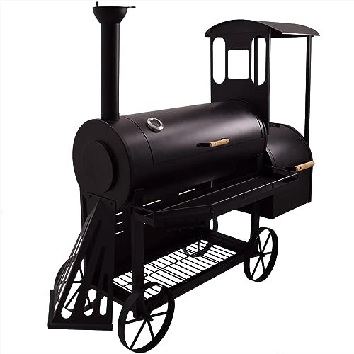 Syntrox Smoker Flustra, Lokomotive mit Räucherofen, BBQ-Grill, Multifunktionaler Räucherofen, Feuerschutzlakiert, Holzgriffe, Holzkohlegrill, Grillwagen, Räucherkammer und Grillkammer