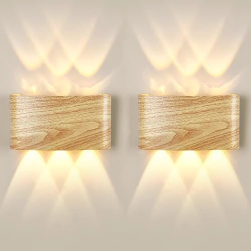 EOEO 2 Stück LED Wandlampe Innen Aussen Holzoptik Wandleuchte Up and Down Spotlicht IP54 Wasserdicht Außen Wandbeleuchtung für Wohnzimmer Schlafzimmer Flur Treppe Garten,6 flammig 3000k