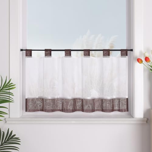 Yujiao Mao transparent Zweifarben-Verbindung Moderne landhausstil Kurzgardine mit Schlaufen für Kleinfenster & Badenzimmer 1 Stück,Braun HxB 120 * 125cm