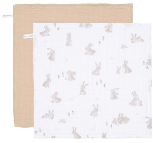 Little Dutch Mundtücher Spucktücher Mulltücher Musselin 2er Set (25x25 cm) Baumwolle Baby Bunny beige/weiß - Newborn Naturals
