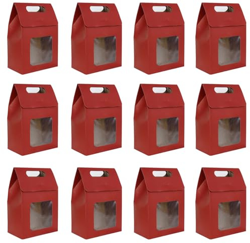 Fayemint 12 Stück Kraftpapier Verpackungsbeutel, 10 x 6 x 15cm, Geschenktüte mit Fenster, Rot Kraftpapiertüten, für Verpacken von Bankettgeschenken, Süßigkeiten und Keksen (Rot)