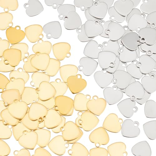 UNICRAFTALE 100 Stk 2 Farben 201 Edelstahl Herz Anhänger Stempeln Leeres Etikett Liebes Herz Charms Metall Lasergeschnitten Flache Tropfen Baumelnde Verbinder Charms Für DIY Armband Schmuckherstellung