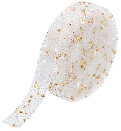 QUARKZMAN 1 Pieza Cinta de Diamantes de Resina Autoadhesiva de Oro Ab de 3 Yardas x 0.8 Pulgadas con Adornos de Estrás para Manualidades y Ropa Diy