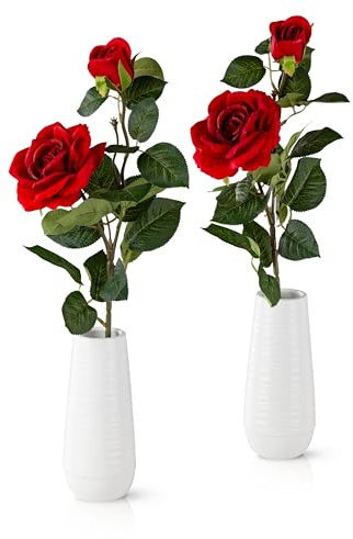 PASCH® 2er Set Rote Kunstrosen in weißen Keramikvasen (46cm): Elegante künstliche Rosen Deko | Rote Rosen künstlich | Kunstblumen im Topf | Künstliche Blumen im Topf | Kunstrosen rot