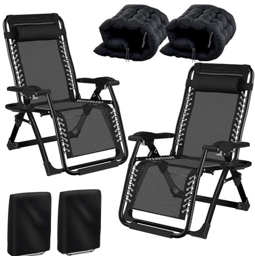 Fiutazge 2Pcs Sonnenliege Klappbar Verstellbare Rückenlehne,Relaxliege mit Kissen,Kopfteil,GeträNkehalter und Liegestuhl Klappbar Abdeckung,Gartenliege für Patio,Balkon,Strand,Camping-Schwarz