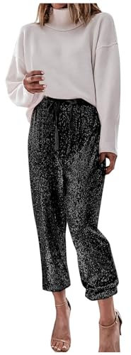 IQYU Pailletten Hose Damen Lang Silber: Glitzer Hose Damen Lang Party Metallic-Hosen Weite Hose Elegant Glitzer-Hosen Sommer Freizeithose High Waist Haremshosen Palazzo Hose Business-Hosen Streetwear