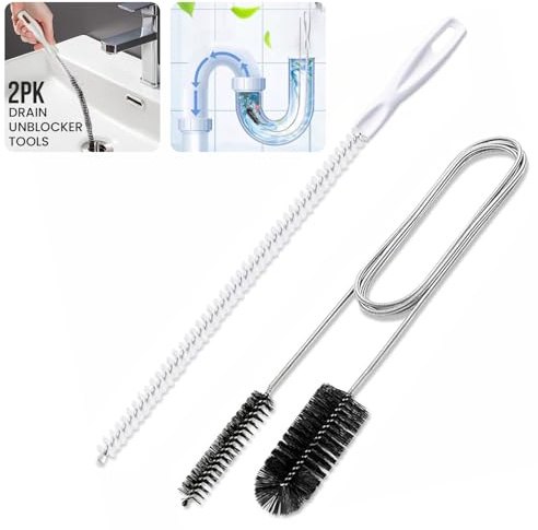 2pc Shower Drain Unblocker Tools, 17.7'' Sink Unblocker Tool & 61'' Dual Brush Pipe Cleaner, Long Pipe Cleaners, Plug hole Wire Brush for Kitchen Sink Plungers For Unblocking Drain Snake