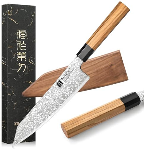 XINZUO 8.5 Inch Japanese Kiritsuke Chef Knife with Sheath, Hand Forged 67 Layers Damascus Steel Kitchen Knife, Ultra Sharp, Japanese Chopping Knife with Olive Wood Octagonal Handle,Gift Box