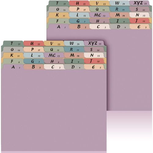 Noveread Alphabet-Ordner, A-Z, obere Registerkarten, Brief-Größe, 1/5-Schnitt, alphabetische Ordner, Registerkarten für Zuhause, Büro, Schule, Vintagefarben, 2 Stück, 50 Stück