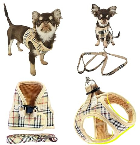 Tartan Plaid Check Stripe Harness and Leash Step in Harness Hook Loop Clip Lead Set Yorkie Maltese Terrior Puppy Smaller Miniature Dogs Toy Pet Chihuahua Terrier (Beige Tartan, XS (Chest 30-35cm))