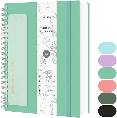 Qefuna Notizbuch B5 Liniert, 300Seiten Spiralnotizbuch, 100g/M² Tintenfestes Papier, PVC-Hardcover，mit Lineal, Erweiterbare Taschen, Elastische Bänd, für Frauen, Männer,17.7x 25 cm(Blau-Grün)