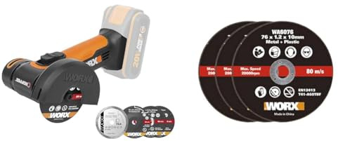 WORX - Mini meuleuse d'angle sans fil 20VChopper - WX801.9 - ⌀ 76 mm (Livrée sans batterie ni chargeur, 19 500 tr/min, carter, 3 disques) & WA6076.3 X3 Lames de coupe en métal pour hachoir WX801 76 mm