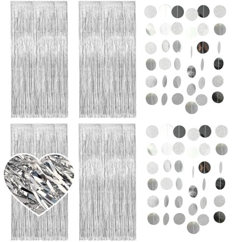 RAFIYU 6 Stück Lametta Vorhang Glitzer, Silber Glitzervorhang Party Deko, Folien Fransen Luftschlangen Deko für Geburtstag Baby Dusche Hochzeit Neujahr Disco, mit 2 Hängende Papier Girlande (Silber)