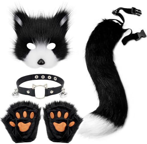 YumSur Kunstpelz Fuchsschwanz Katzenwolf Cosplay-Kostüm-Set Plüsch-Maske Flauschige Pfoten Handschuhe Halloween Weihnachten Party für Mädchen Frauen