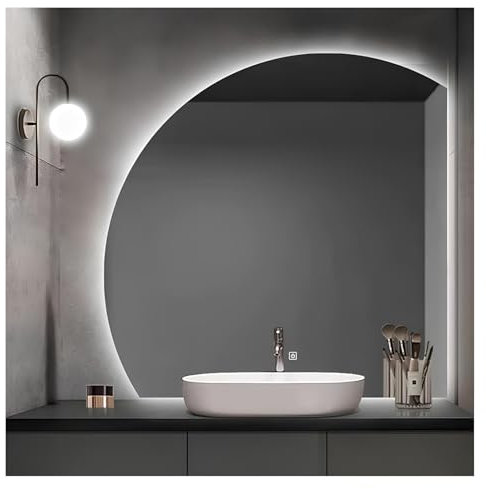 Moderno specchio da parete a mezza luna con luci di vanità dimmerabili specchio retroilluminato anti nebbia per camera da letto d'hotel e ingresso raggio 27,5 pollici opzioni di luce