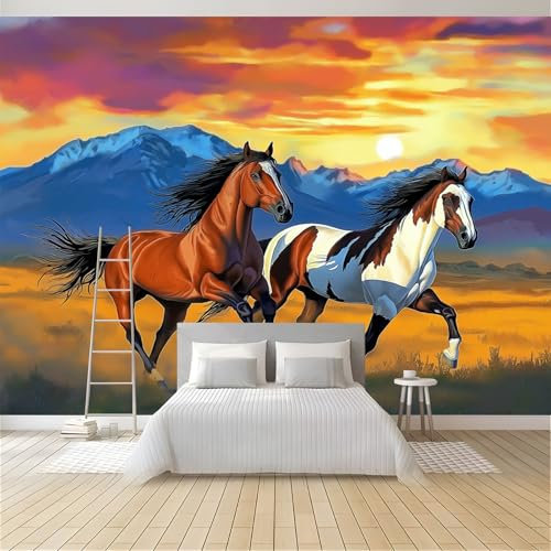 Papel Pintado Pared Puesta De Sol Caballo Fotomurales 3D Tv Fondo Pared Moderno Dormitorio Murales, 200x140cm - 4 partes Fotografía, Caballo Corriendo