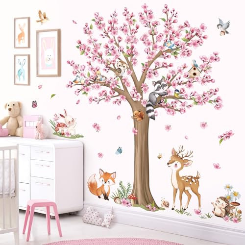 decalmile Stickers Muraux Fleurs de Cerisier Rose Arbre Grand Autocollant Mural Foret Animaux des Bois Renard Cerf Décoration Murale Chambre Enfants Bébé Salon