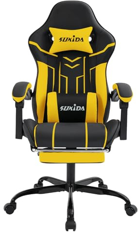 SUKIDA Sedia da Gaming e da Computer, Sedia Ergonomica per Gaming con Poggiapiedi, Sedia da Ufficio, Sedia Ergonomica per Computer con Supporto Lombare Blackyellow