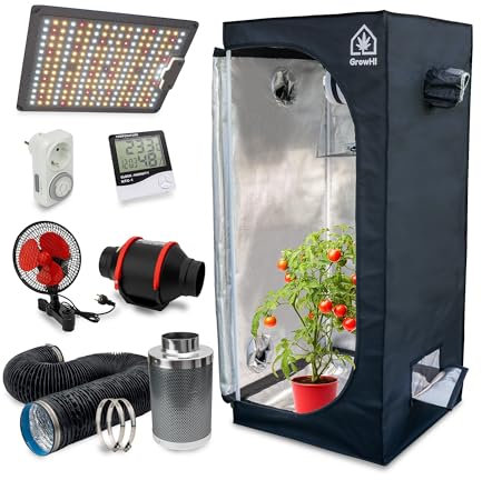 Growbox 70 x 70 x 160 cm, set completo con lampada a LED a spettro completo, set di aria di scarico, filtro ai carboni attivi, ventilatore e accessori per la coltivazione, set di serra per interni