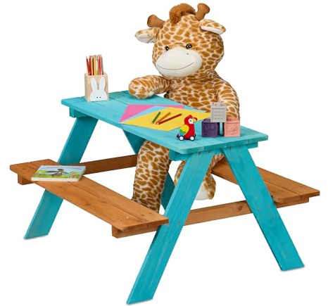 Relaxdays Tavolino da Bambini con Panche da Esterno, Tavolo da Picnic Giardino, 4 Posti, 51x90x78cm, Legno Naturale, Blu