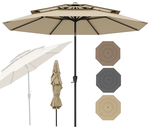 RELAX4LIFE Parasol Droit Inclinable 3M | Parasol de Jardin Extéieur 3M | Toit Ventilé à 3 Couches | Inclinaison 30° | 8 Baleines | Manivelle | Protection Solaire pour Balcon Terrasse (Beige)