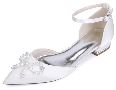 Gycdwjh Bout Fermé Plate Talons Satinée Bride Cheville Sandales Perle Chaussures de Mariee pour Femme Plates de Demoiselle d'honneur,Blanc,39 EU