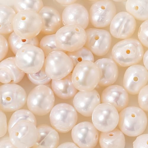 PONABEADIY 1 Box 100PCS Natural Cultured Freshwater Pearl Beads with Hole Oval Pearls Beige Rice Summer Charms Spacer Loose Bead Bulk for Jewellery Making Bracelets Necklace Earrings Diy Craft Supply