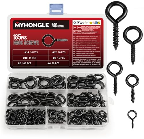 MYHongLe 185 Pcs Eye Bolts Screw in Hooks for Hanging, Heavy Duty Eye Hooks Screw, Eye Screws for Wood, Hanging Plants Garden Lights Lifting and Securing Cables Wires Indoor Outdoor Use (﻿ Black-185)