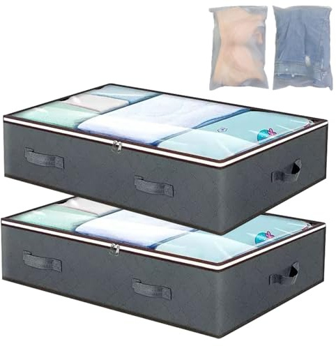 Underbed Storage Bags with Zip, 2 Pack Foldable Large Underbed Storage Organiser Containers, 90 L Window Fabric Under Bed Clothes Storage Boxs & Reinforced Handle for Blanket, Comforter, Bedding