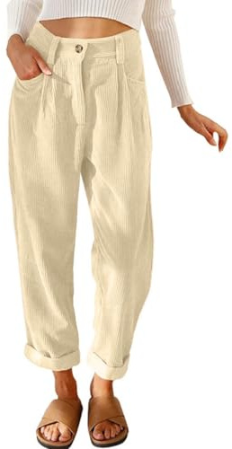 Joligiao Dam Manchesterbyxor Dam Byxor Elegant Hög Midja Elastisk Sammetsbyxor Raka Ben Lösa Byxor Avslappnad Elegant med Ficka Palace Höst Vinter Lös Solid, Beige, XXL