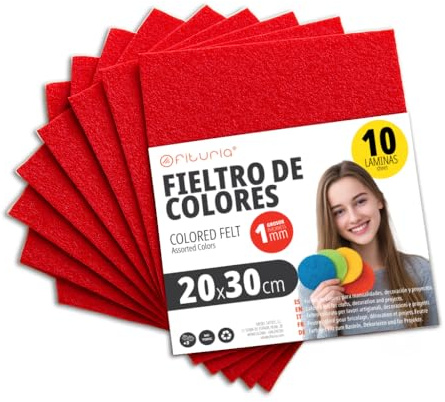 OFITURIA Bastelfilz für DIY-Projekte, Bunte Filzstoffe für Patchwork, Nähen, Schule, Kunst und Dekoration 20x30cm (Rot, 10 Stk)