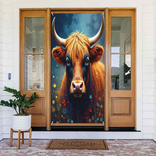 Decoraciones para puertas – Impresión clásica de toro n.º 135 para puerta delantera, cartel de primavera y verano, telón de fondo colgante para interiores y exteriores, suministros de decoración de