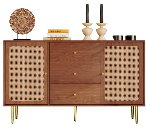 muenfly Buffet vintage de 150 cm avec rotin et 3 tiroirs – Commode avec tiroirs et portes aspect noyer – Armoire de rangement pour salon et chambre à coucher