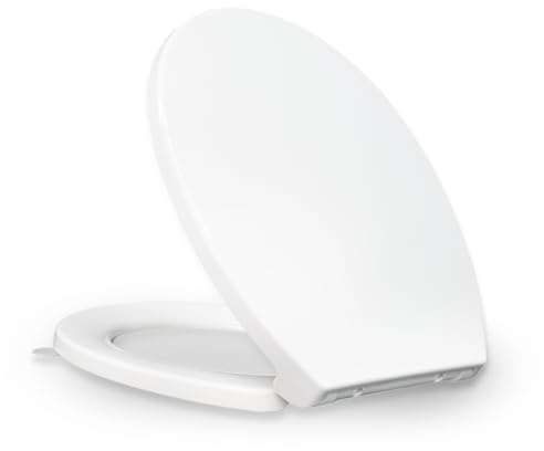 KHE Elongated Toilet Seat 18.5 Inch, Soft Close Toilet Seat with No-Touch Handle, Quick Release for Easy Cleaning, Non-Slip Bumpers, Durable PP, White