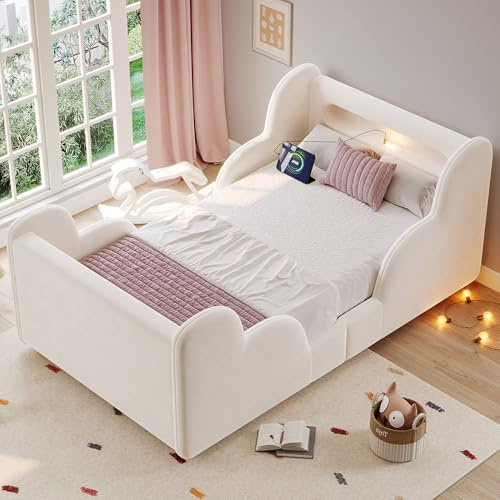 Azkoeesy Letto Singolo Imbottito per Bambini 90x200 cm, Parapetto Anticaduta, Luce Notturna LED Integrata, Prese USB, Doghe in Legno, Design a Nuvola (beige, velluto)