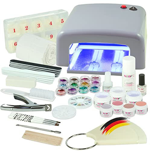 Nails Factory UV Gel Nagelstudio Starter Set - optimaler Einstieg in das eigene Nageldesign mit dem Nagelset dank viel Nailart, UV Lampe und Farbgel Set Soft Nudes (silber)