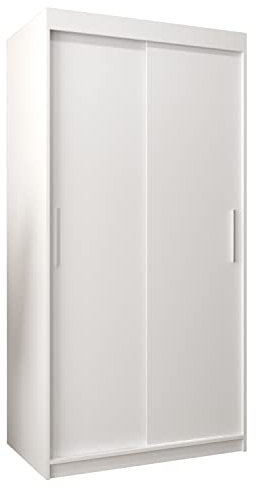 MEBLE KRYSPOL Tokyo 100 Schlafzimmerschrank mit Zwei Schiebetüren – moderner Aufbewahrungsschrank mit Kleiderstange und Regalen – 100x200x62cm - Mattweiß