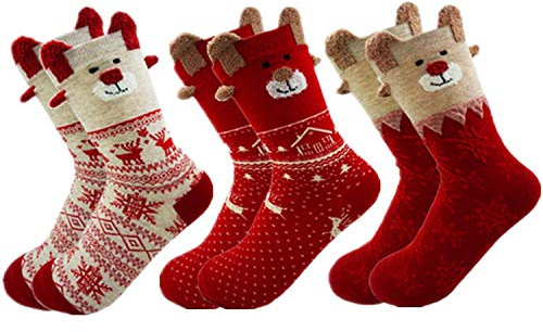 MAKFORT 3 Paires Chaussettes noel Femme, Fille Cotton Chaude Chaussette Laine épaisse Socks de Hiver Cadeau noel fete Anniversair 34-39,Rouge A…