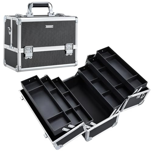 FRENESSA Makeup Train Case Makeup Case 12.6 Inch Large Cosmetic Box Organizer Travel Storage Professional Make Up Train Carrying Case with 6 Trays Locking Shoulder Strap Hard Vanity Storage Black