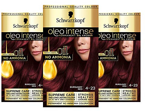 Schwarzkopf Oleo - Tinte para el cabello rojo intenso, paquete de 3 colorantes permanentes, sin amoníaco, cubre los grises, rojo borgoña 4-23